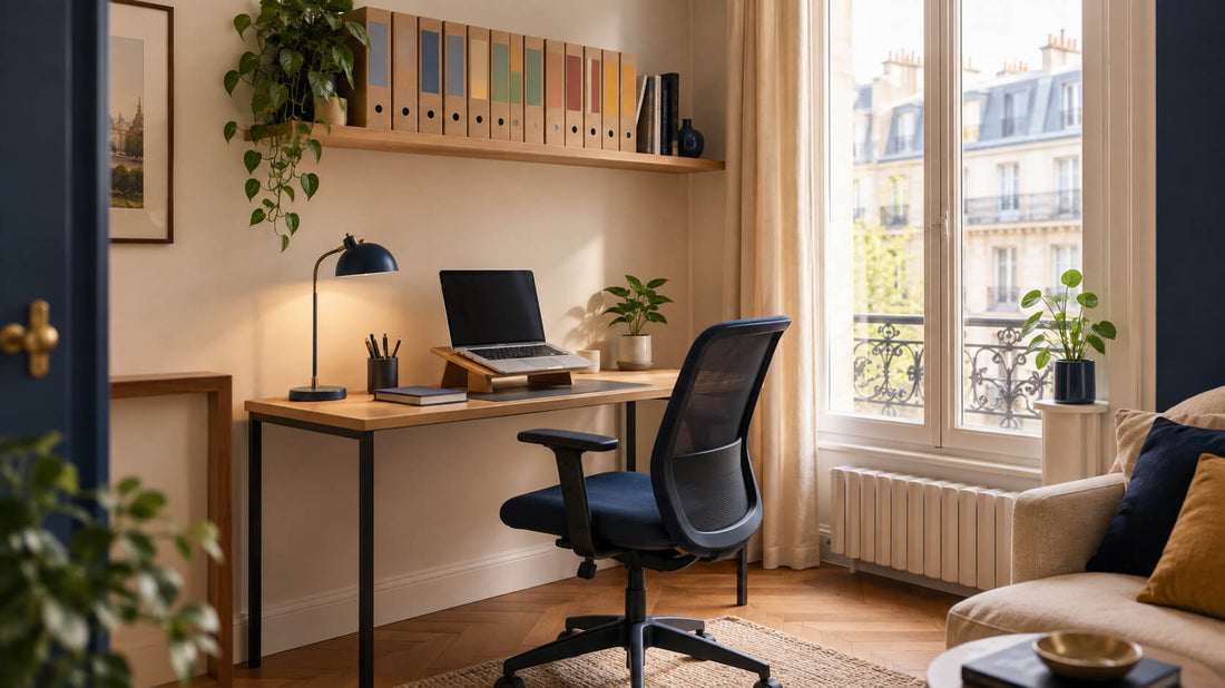 Coin bureau aménagé dans un petit salon, avec bureau compact près d'une fenêtre et étagère murale de rangement