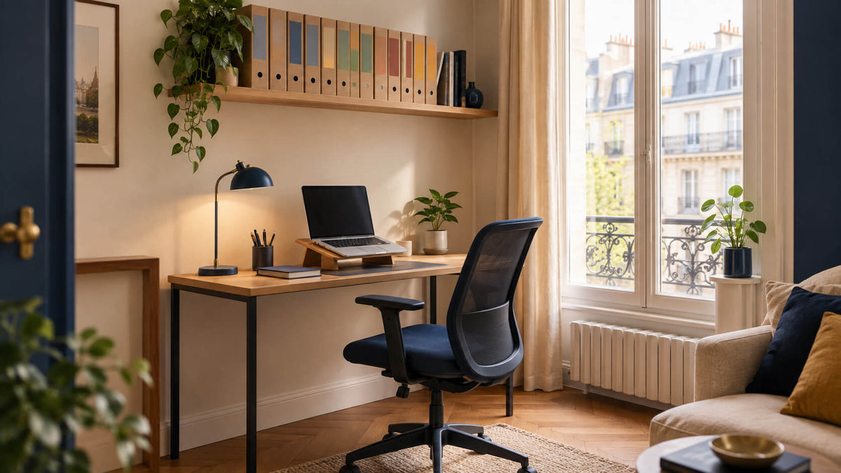 Coin bureau aménagé dans un petit salon, avec bureau compact près d'une fenêtre et étagère murale de rangement