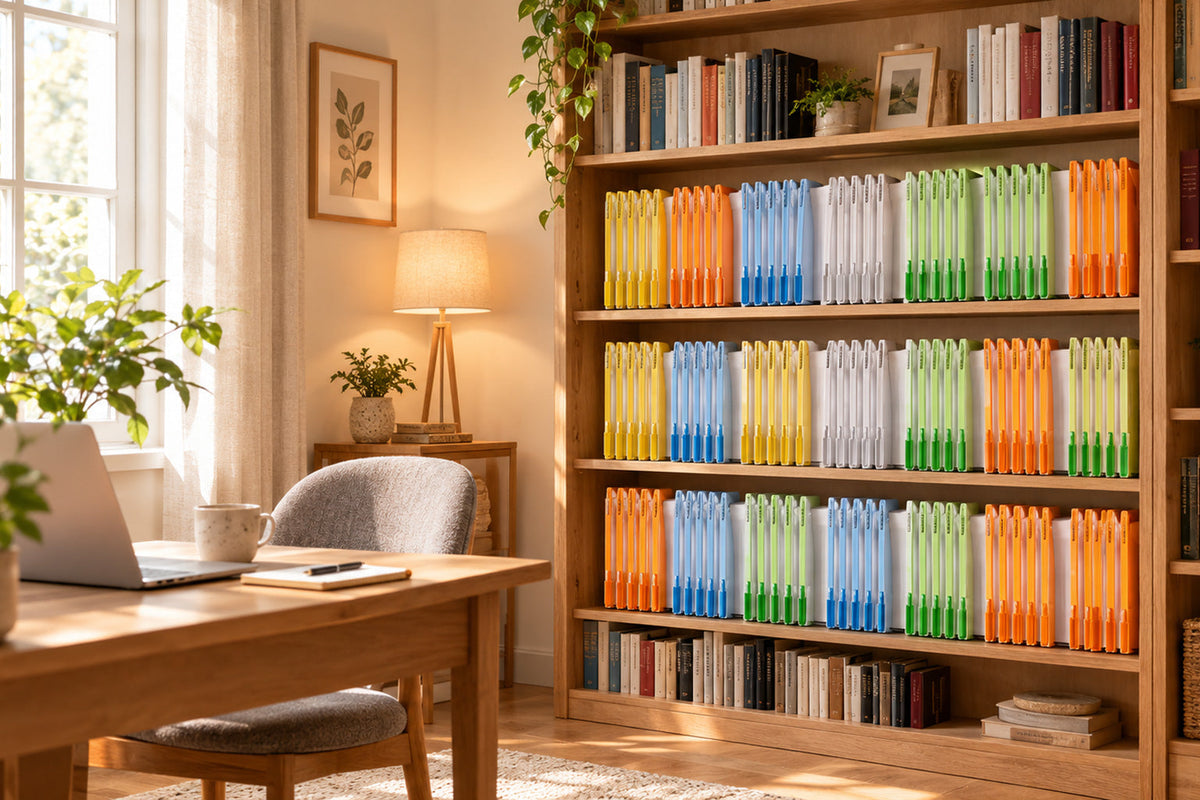 Bibliothèque et bureau à la maison organisés avec des chemises de classement colorées