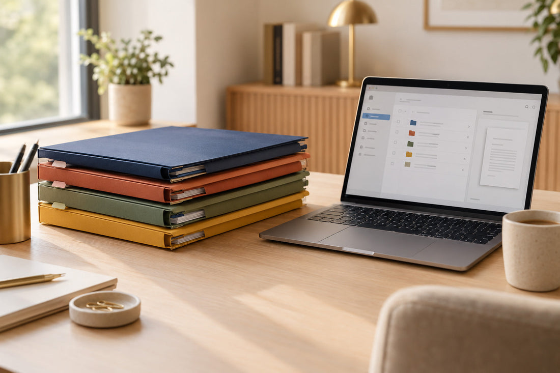 Bureau organisé avec dossiers papier classés et ordinateur portable, symbole du classement hybride papier numérique