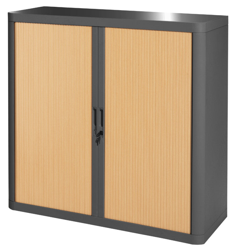 Armoire basse en plastique anthracite à rideau décor hêtre, 104 cm de hauteur, livrée en kit