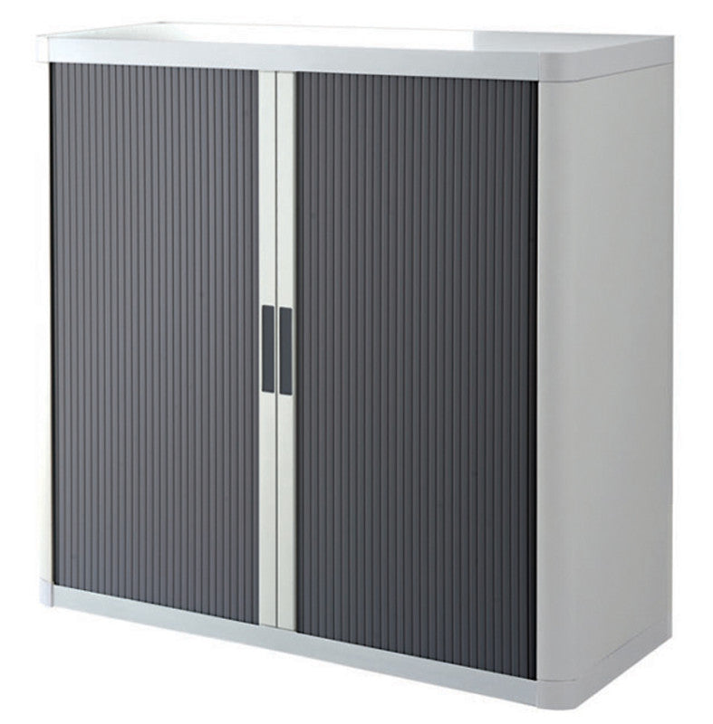 Armoire basse en plastique blanche à rideau anthracite, 104 cm de hauteur, livrée en kit