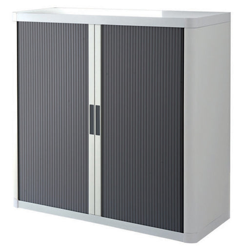 Armoire basse en plastique blanche à rideau anthracite, 104 cm de hauteur, livrée en kit