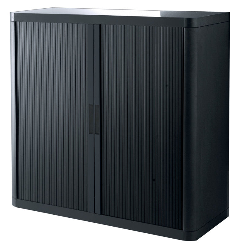 Armoire basse en plastique entièrement noire avec rideau noir, 104 cm de hauteur, livrée en kit