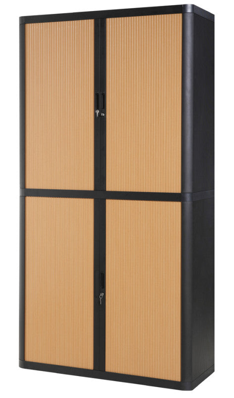 Armoire haute en plastique anthracite à rideau décor hêtre, 204 cm de hauteur, livrée en kit