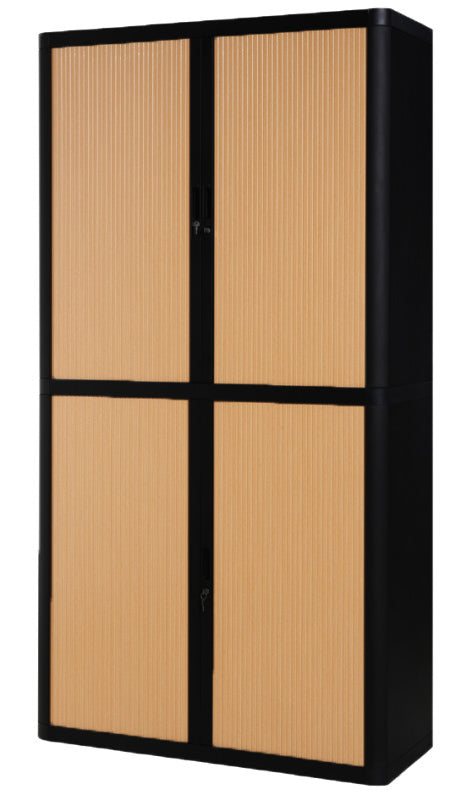 Armoire haute en plastique noire à rideau décor hêtre, 204 cm de hauteur, livrée en kit