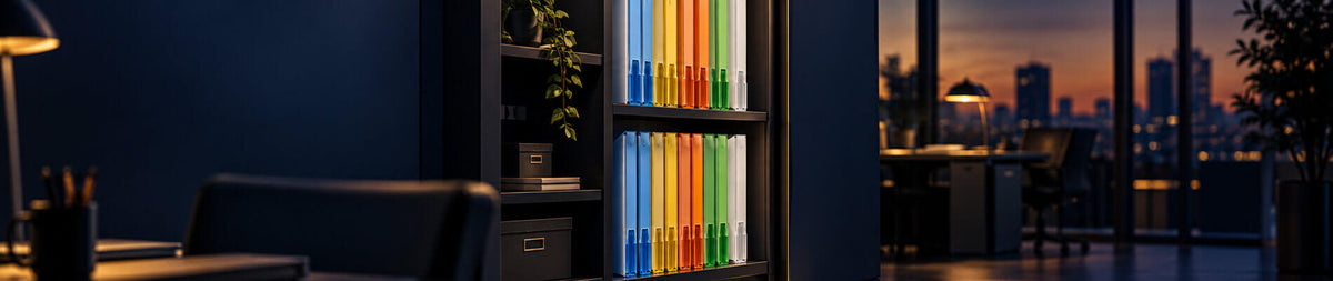Armoire de bureau organisée avec des chemises de classement Novaclass aux étiquettes colorées