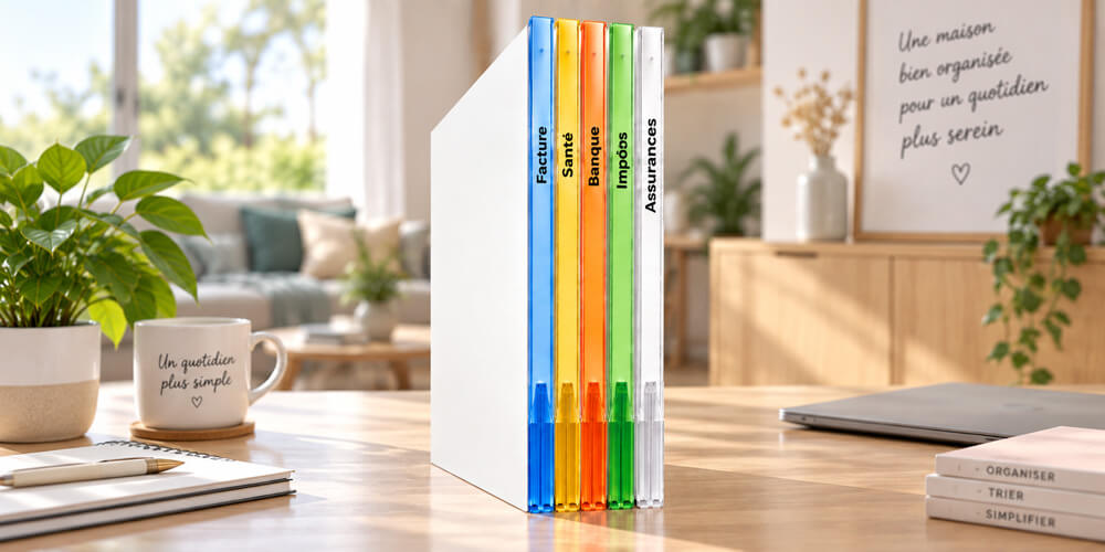 Catégories de documents personnels classées par couleur : factures, santé, banque, impôts