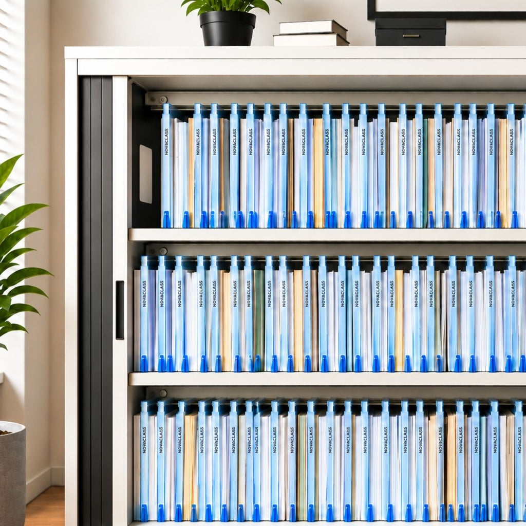 Chemises de classement Novaclass bleues installées dans une armoire de bureau avec le système de maintien