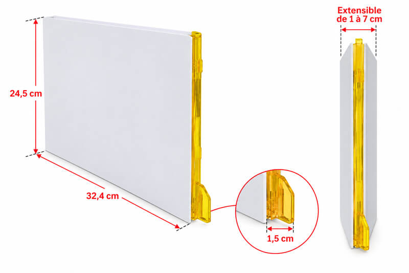 Dimensions de la chemise Novaclass : 24,5 cm de haut, 32,4 cm de long, fond extensible de 1 à 7 cm