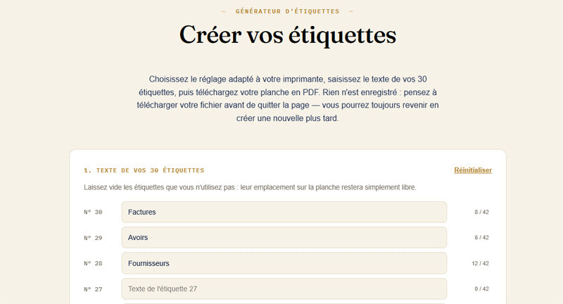 Saisie des 30 textes d'étiquettes dans le générateur d'étiquettes Novaclass, une ligne par étiquette