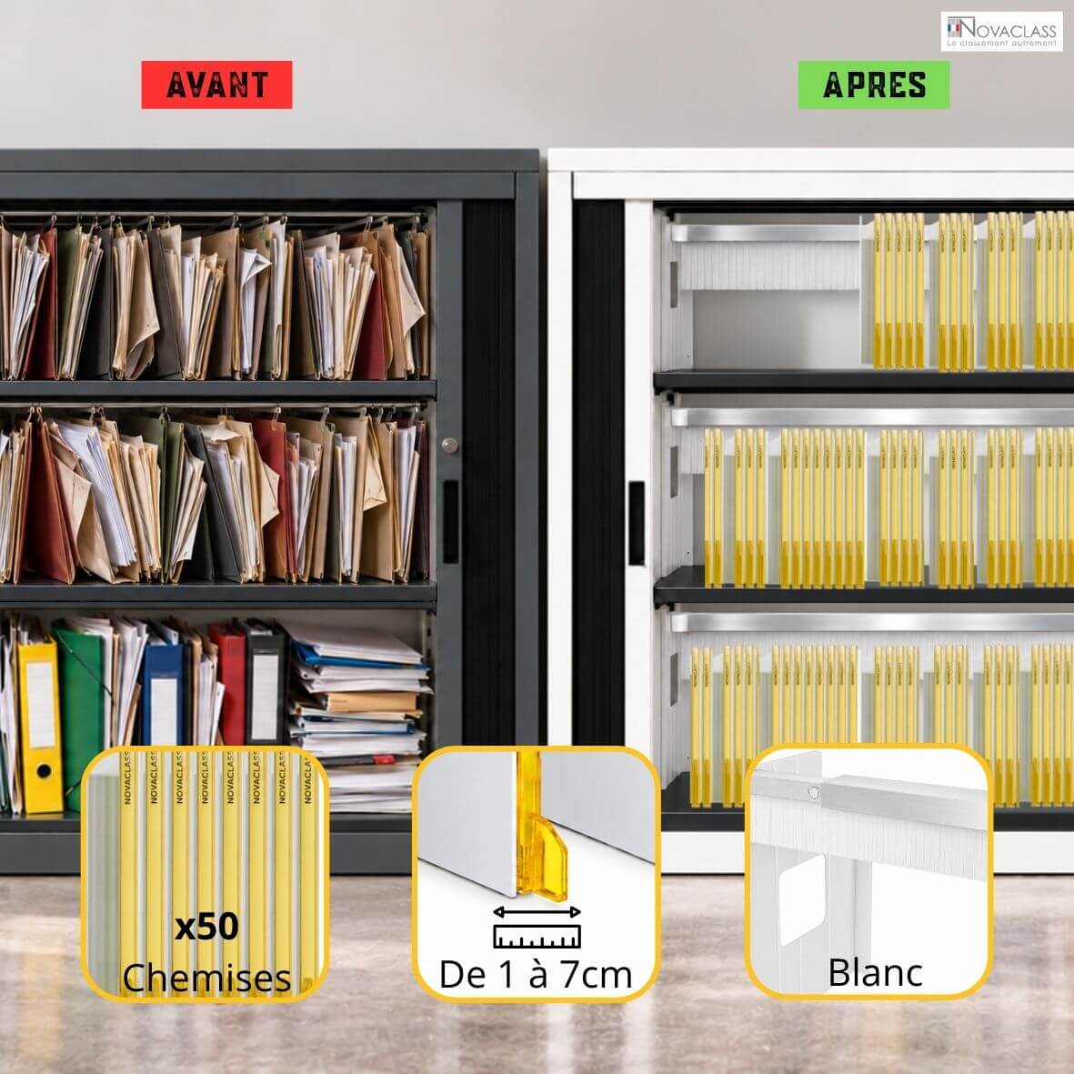 Kit Novaclass de 50 chemises de classement jaunes avec système de maintien blanc