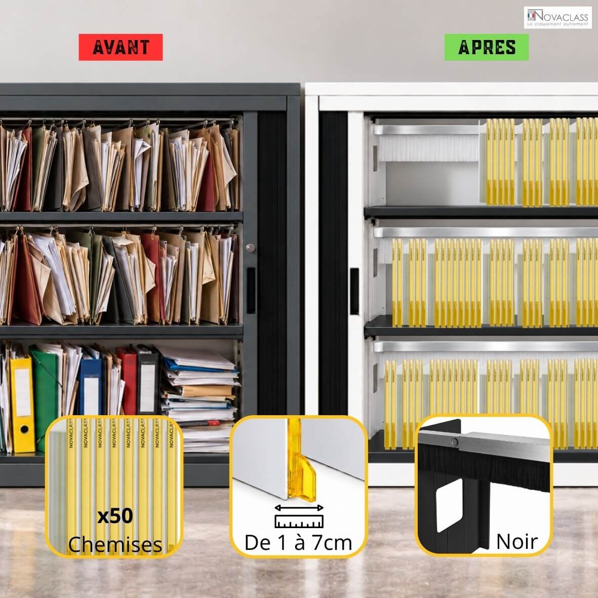 Kit Novaclass de 50 chemises de classement jaunes avec système de maintien noir