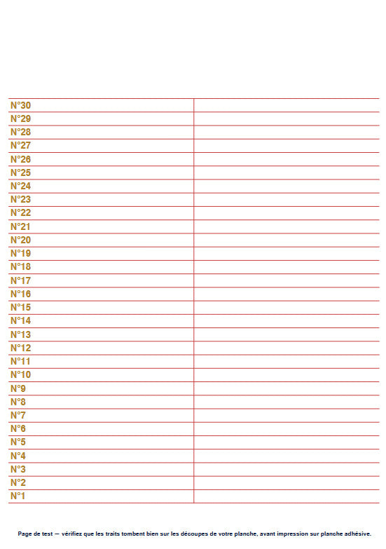 Page de test d'alignement avec grille et numéros de position pour planche d'étiquettes PEP21